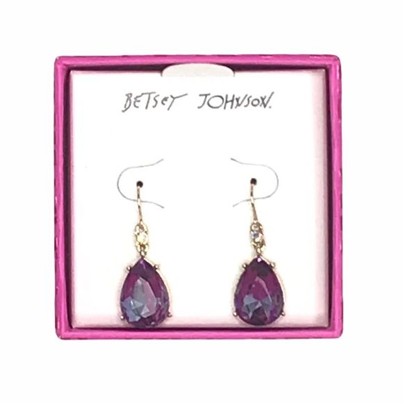 Betsey Johnson Tear Drop Stone Drop Earring Purple Gold Tone - Picture 5 of 5